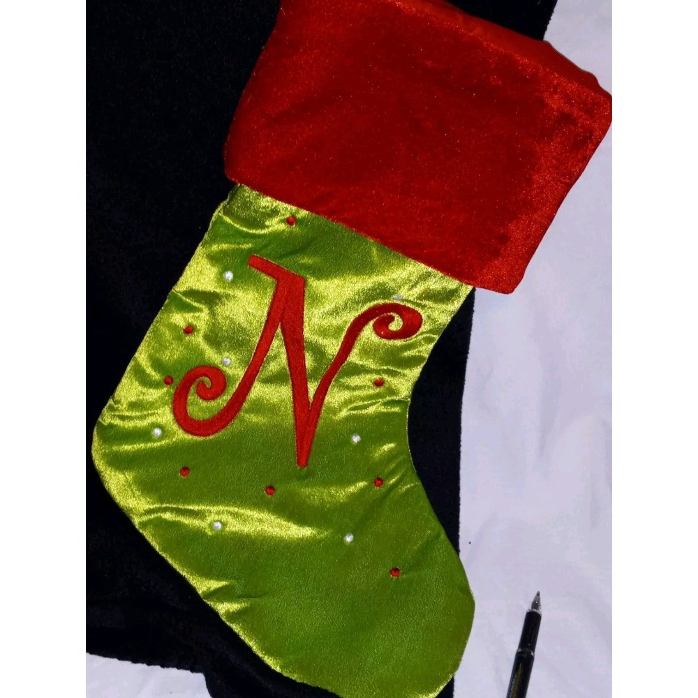 Personalized Embroidered "N" Christmas Stocking Plush 18" Red and Neon Green EUC